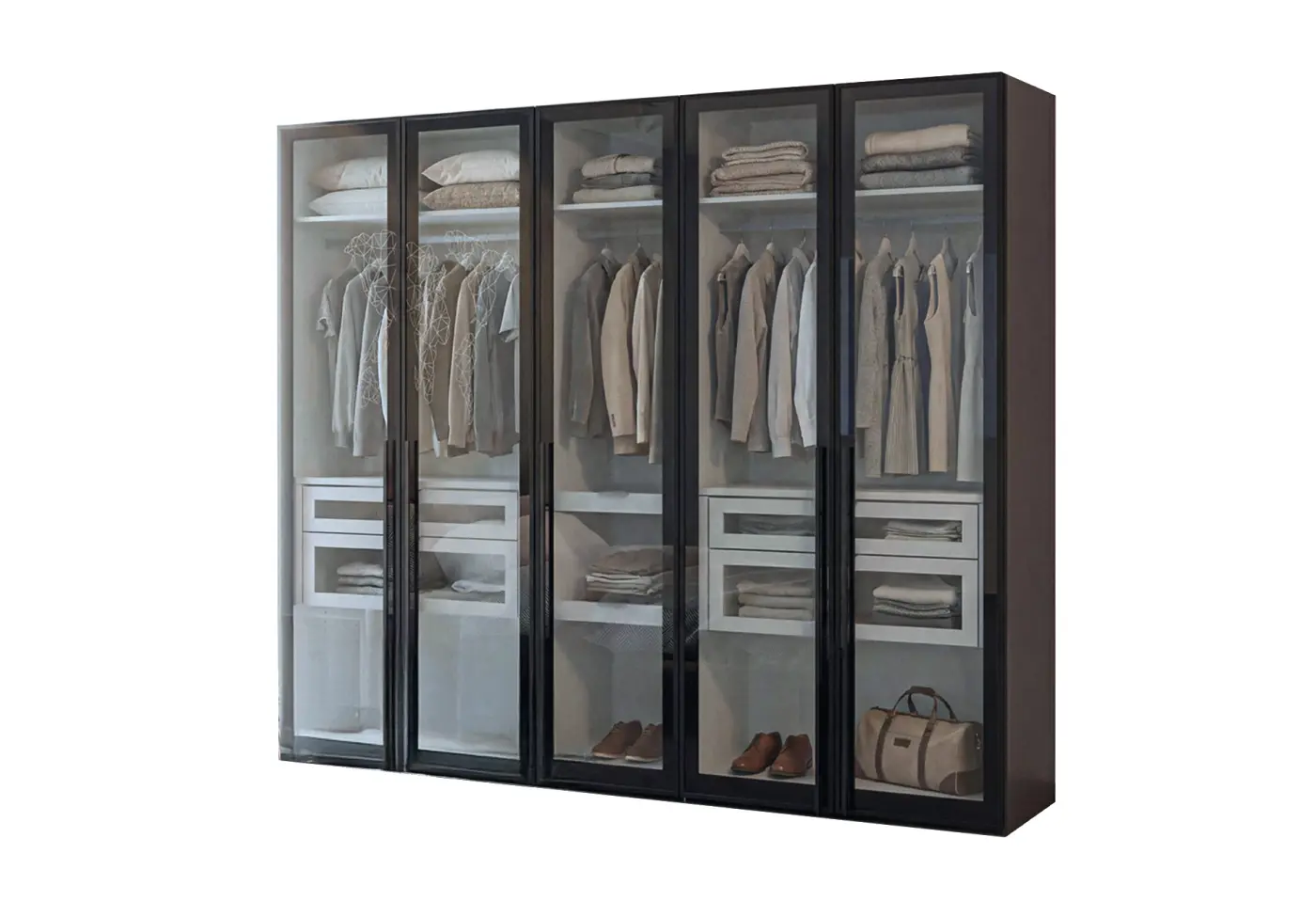 Drehtürenschrank 2897.16.. Novaschwarz, Rauchglas ca. 252,8x220x58,5cm