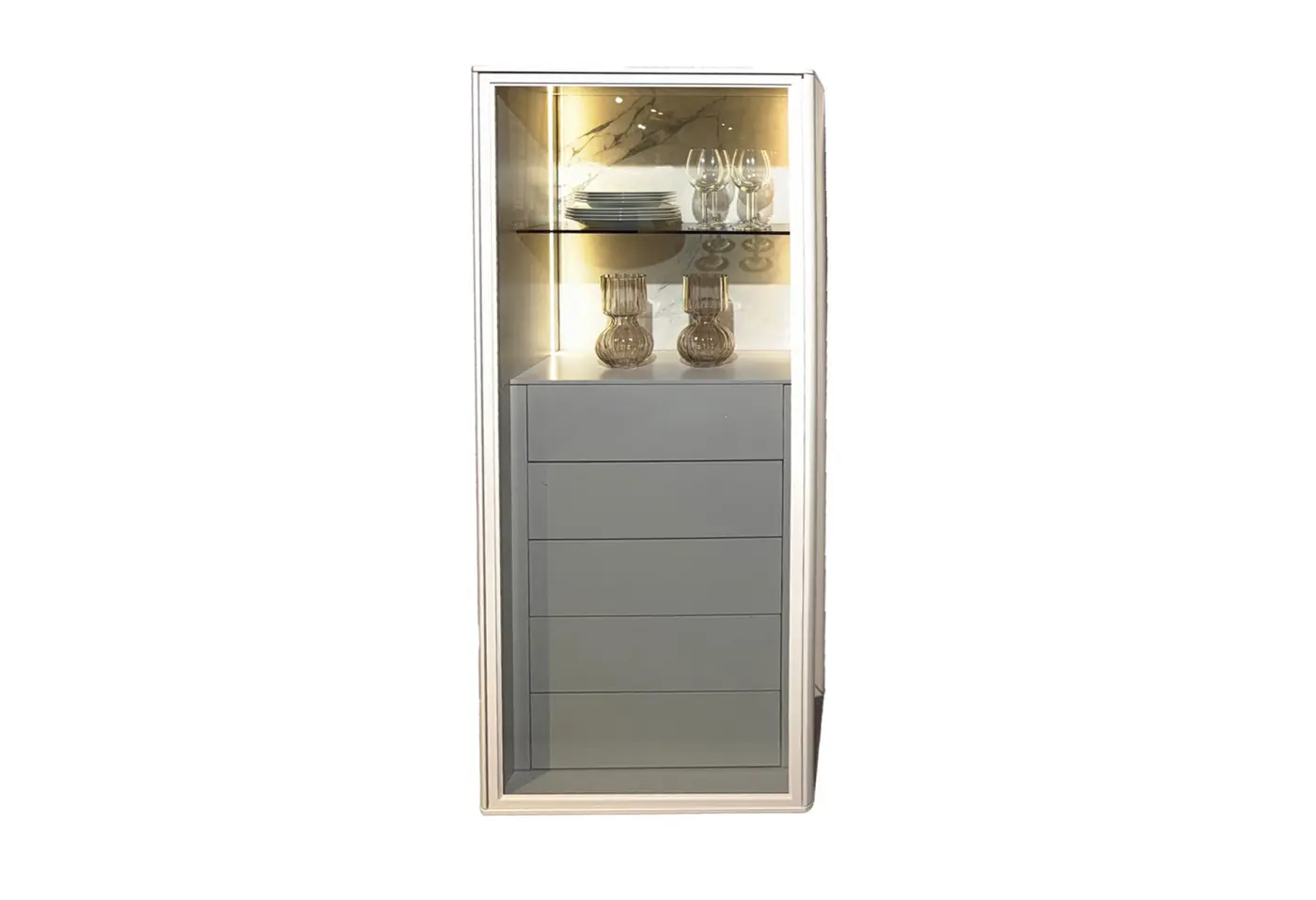 Vitrine WK 418 Zola Glattlack 407 steingrau, Parsolglas grau, Keramikrückwand Marmor weiss glänzend, Korpus Glattlack steingrau von WK-Wohnen ca. 65x165x45cm