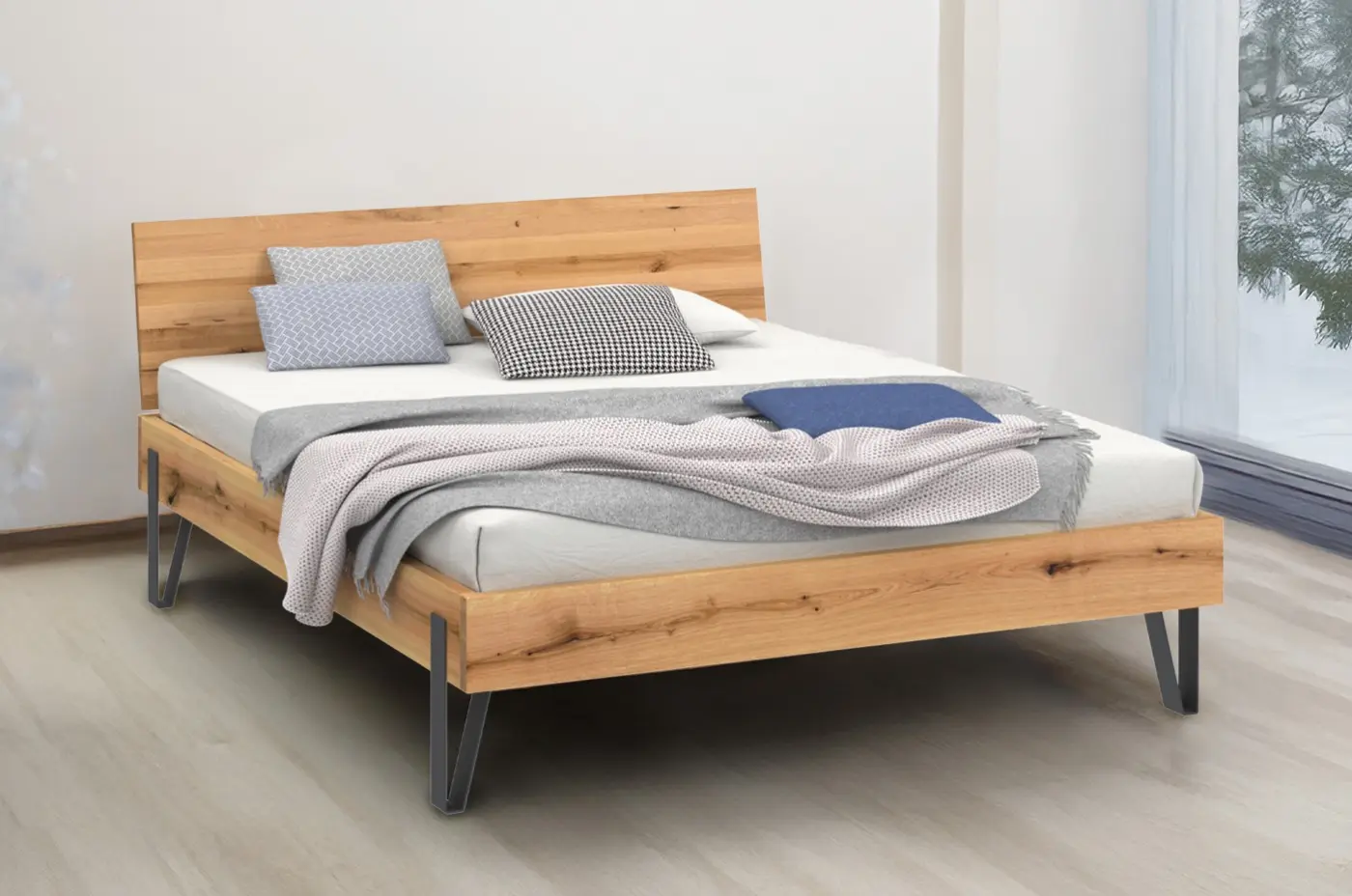Bett 12923.2.. Wildeiche funiert mit Massivholzkern, natur geölt ca. 160x200cm