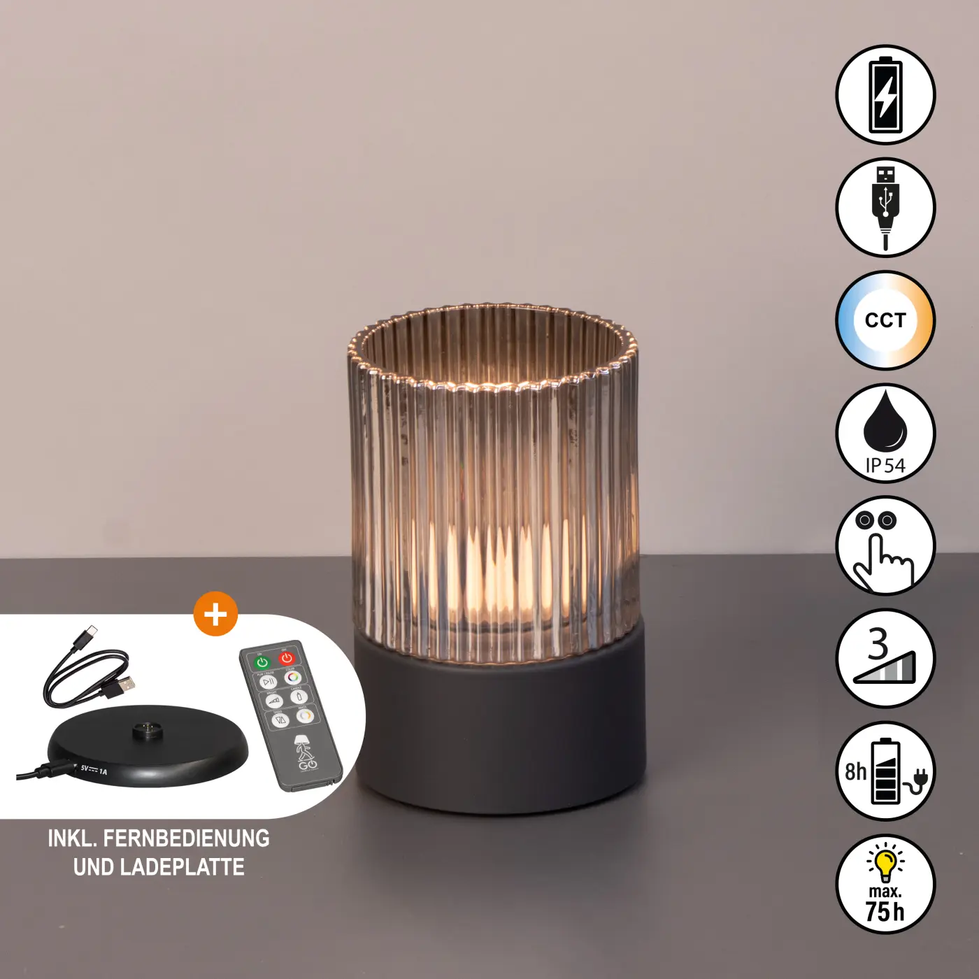 LED-Tischleuchte 24281.. Sandgrau Glas/Kunststoff ca. 9,5x14,5cm