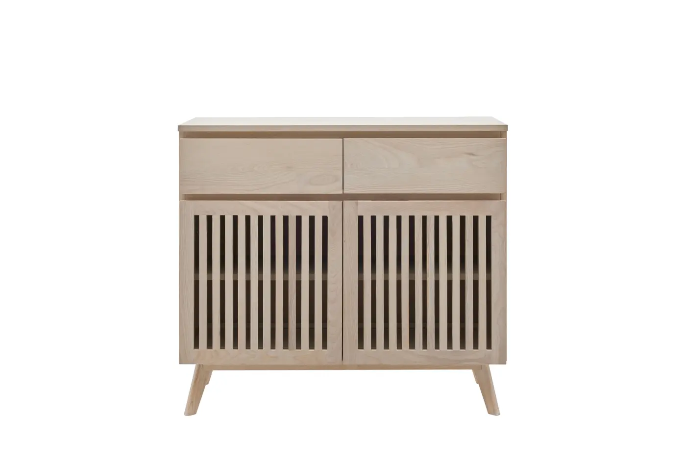 Sideboard Roomio No. 2000 von Roomio Korpus Esche Echtholzfurnier weiss gewaschen, Front Esche massiv weiss gewaschen, Türfüllungen hinterlegt mit Klargas ca. 90x80x40cm