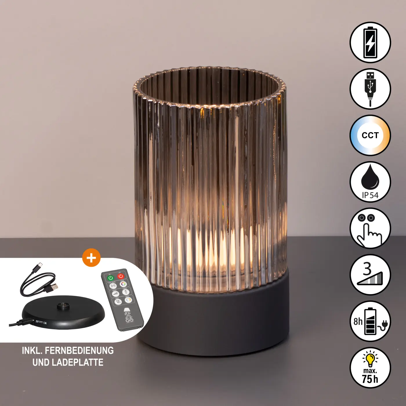 LED-Tischleuchte 24282.. Sandgrau Glas/Kunststoff ca. 12x20cm