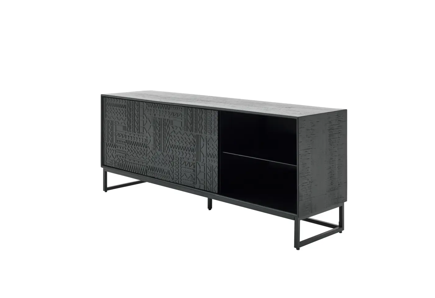 Vitrine Roomio No. 2001 von Roomio Mango massiv gebürstet schwarz gebeizt und lackiert, mit Holzverzierung ca. 160x63x42cm