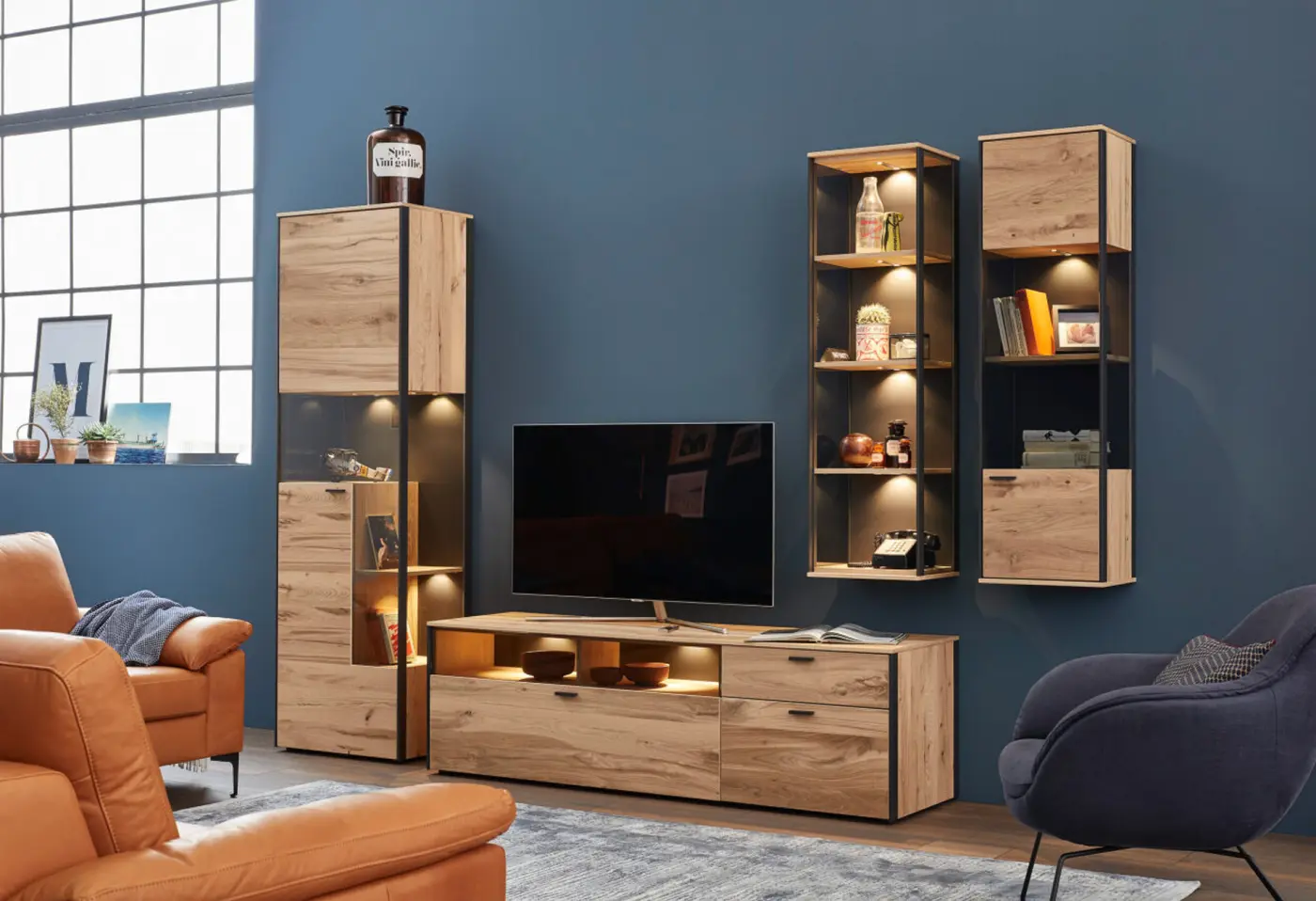 Wohnwand 15883.1.. Rückwand anthrazit matt Eiche rustico hell geölt,Furnier ca. 323x207x53cm