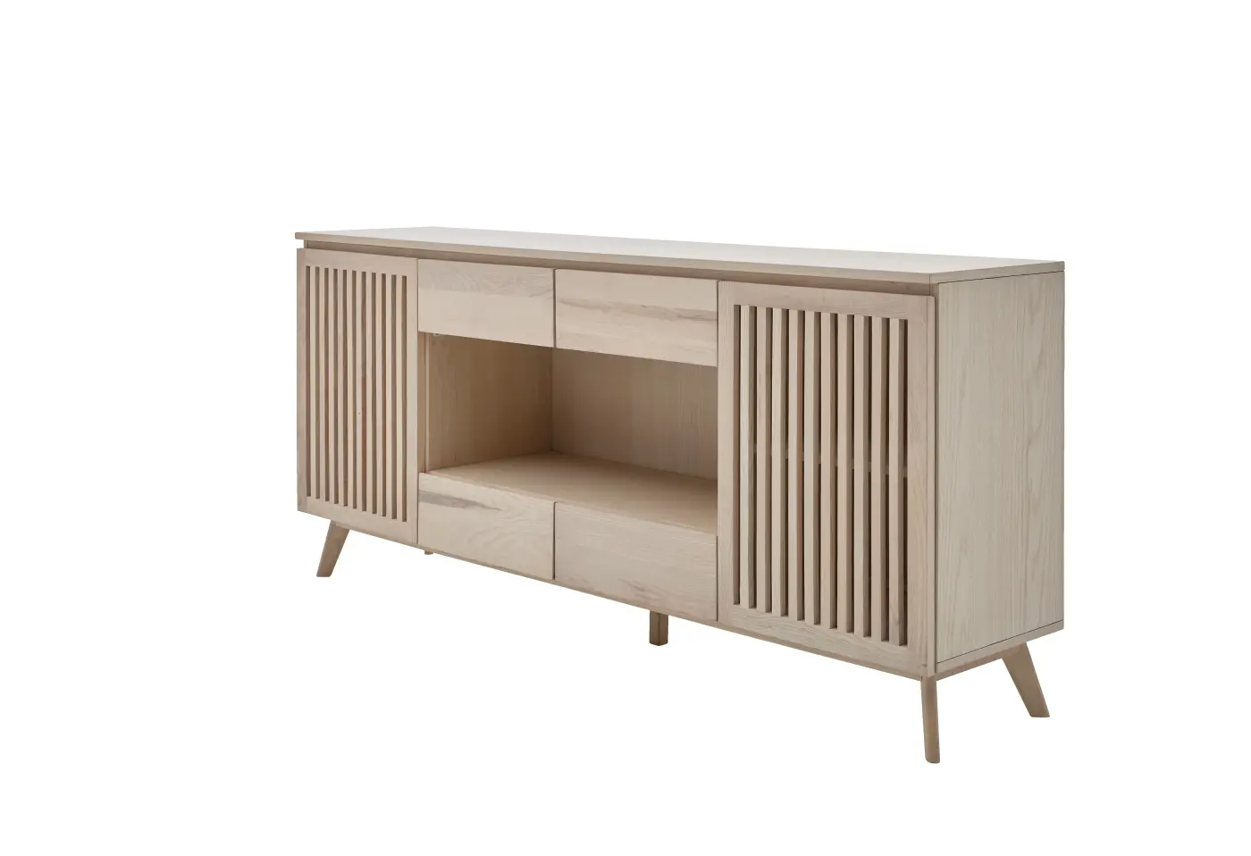 Sideboard Roomio No. 2000 von Roomio Korpus Esche Echtholzfurnier weiss gewaschen, Front Esche massiv weiss gewaschen, Türfüllungen hinterlegt mit Klarglas ca. 180x80x40cm