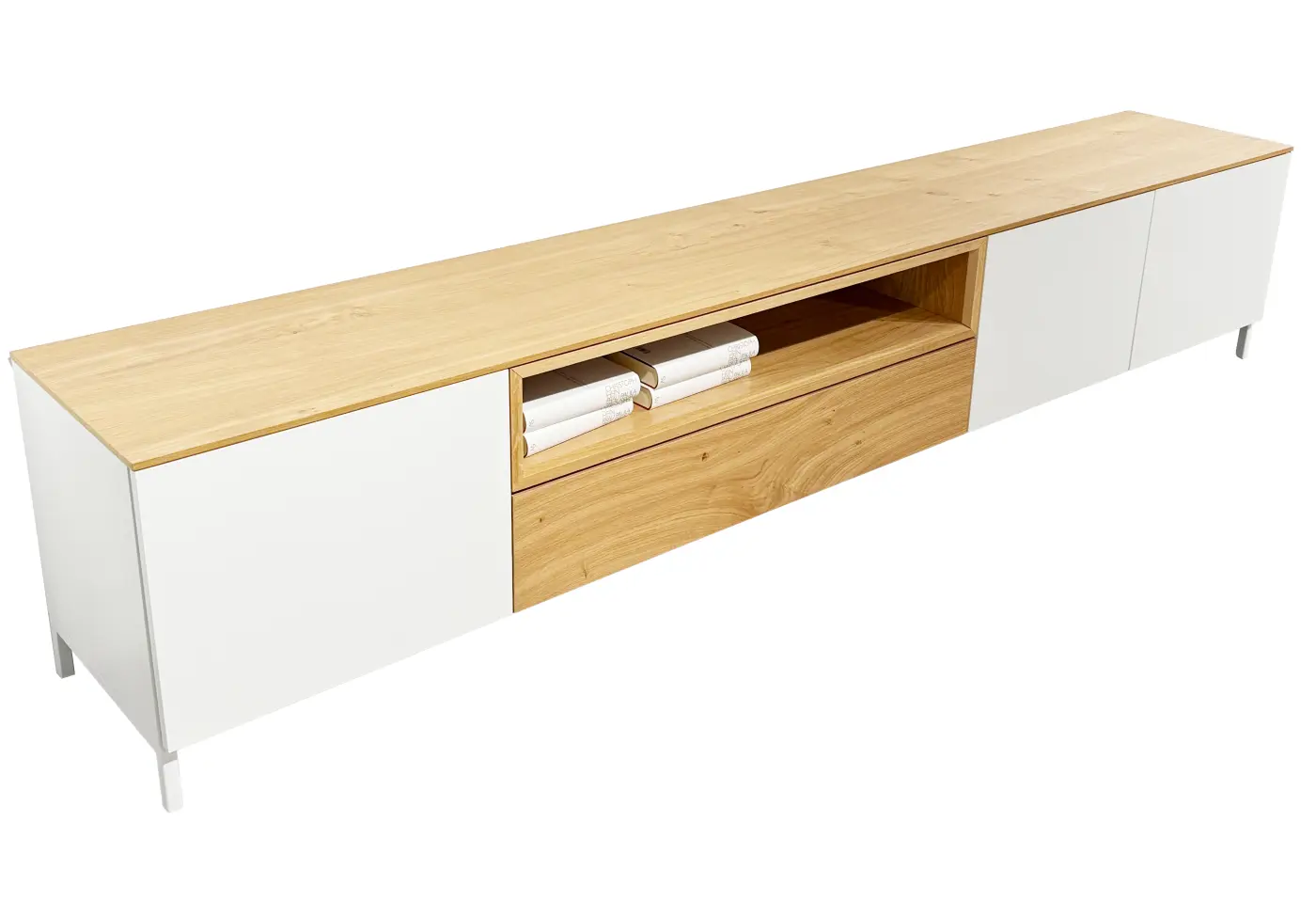 Lowboard 3784.67.. Signalweiss matt lackiert, Wildeiche furniert ca. 250,4x49,4x41,2cm