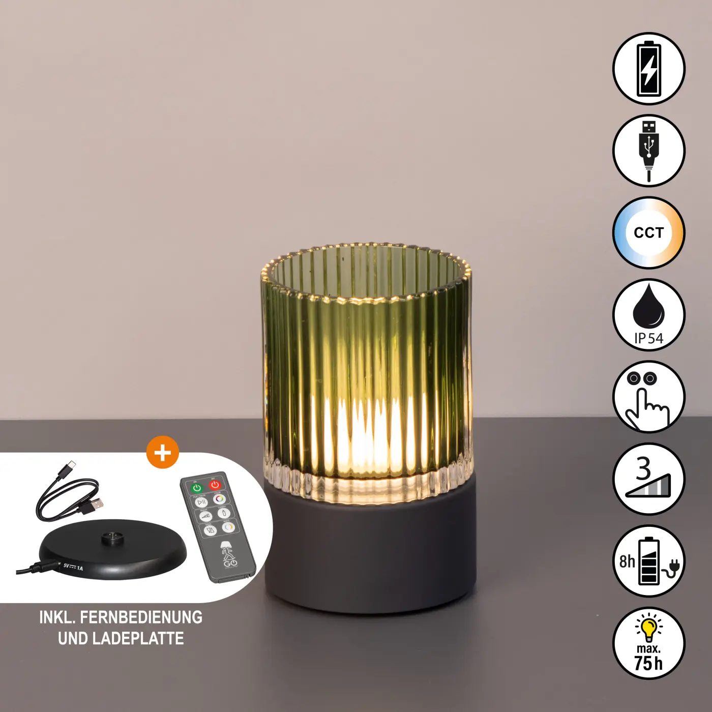 LED-Tischleuchte 23761.2 Sandgrau/Selbei Glas/Kunststoff ca. 9,5x14,5cm