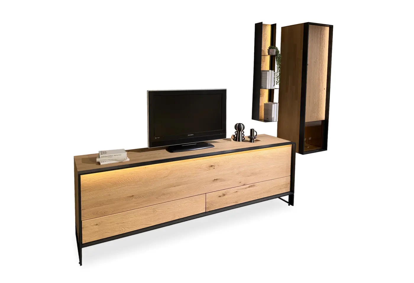 Wohnwand Yola 8590 von Schöner Wohnen Kerneiche natur massiv, Oberfläche sandgestrahlt ca. 255cm