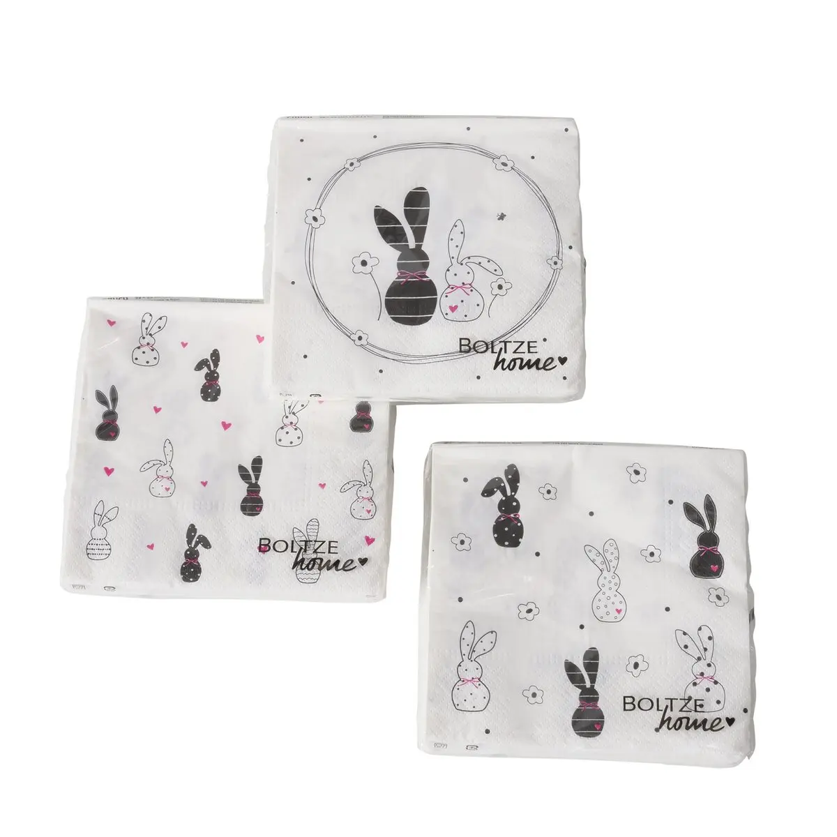 Servietten Happy, Hase, sort. Weiss, Pink, Schwarz Papier ca. 16,5x16,5cm