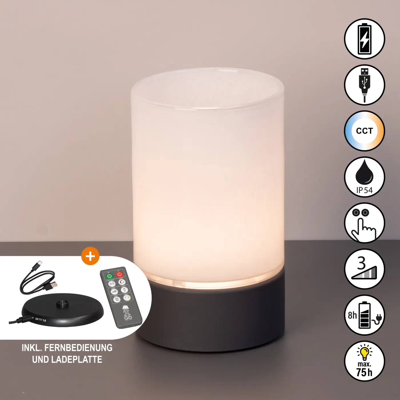 LED-Tischleuchte 24277.. Sandgrau/Weiss Glas/Kunststoff ca. 12x20cm