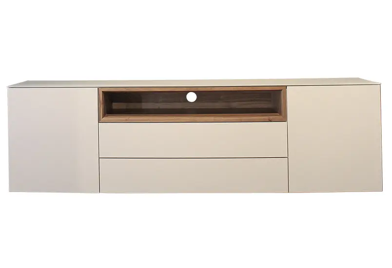TV-Möbel 3784.46.. Korpus und Front in RAL Seidengrau matt lackiert, Abdeckplatte Glas satiniert RAL seidengrau, Einschubelement Nussbaum furniert ca. 200x60x41cm