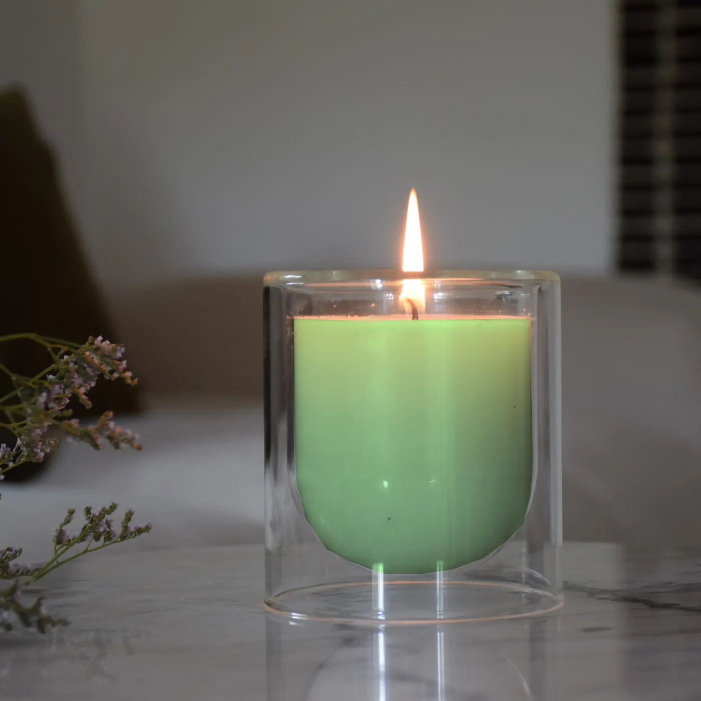 Candle in Glass Double Walled White Tea Grün Glas, Wachs