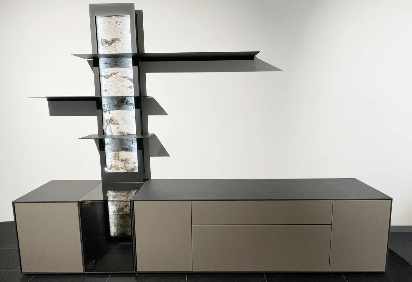 Wohnwand Altwis Kernbirne Harmaa massiv geb. lack Applikation Birkenrinde Mattglas fango