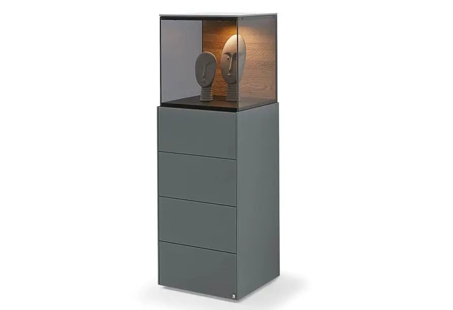 Vitrine MR Q-Media 2.0 von Musterring Korpus aussen Lack Fango, Front Mattglas Fango, Rückwand Eiche massiv gebürstet ca. 47x137x43cm