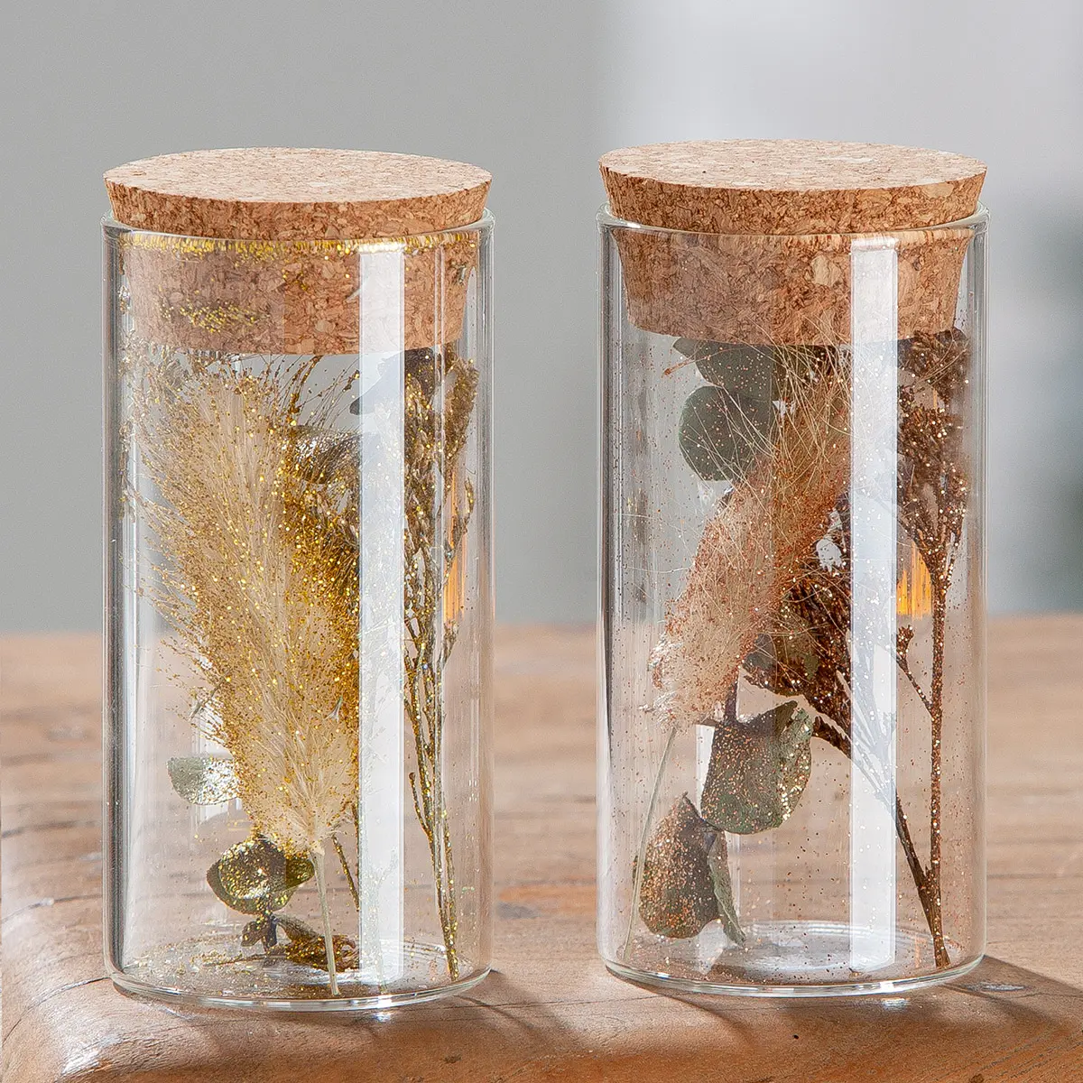 Glas m. Kork 10cm Trockenblume sort.