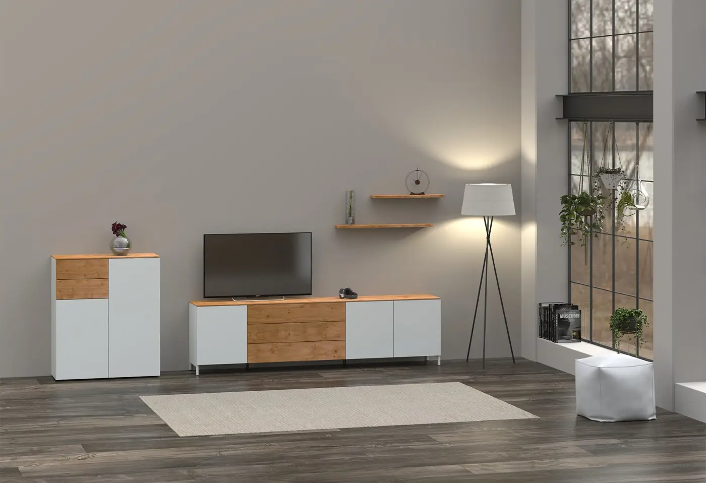 Highboard 3784.34.. Korpus und Türen: Lack "signalweiss" Abdeckplatte und Schubladen: Wildeiche furniert ca. 100x118x41cm Highboard 3784.34.. Korpus und Türen: Lack "signalweiss" Abdeckplatte und Schubladen: Wildeiche furniert ca. 100x118x41cm