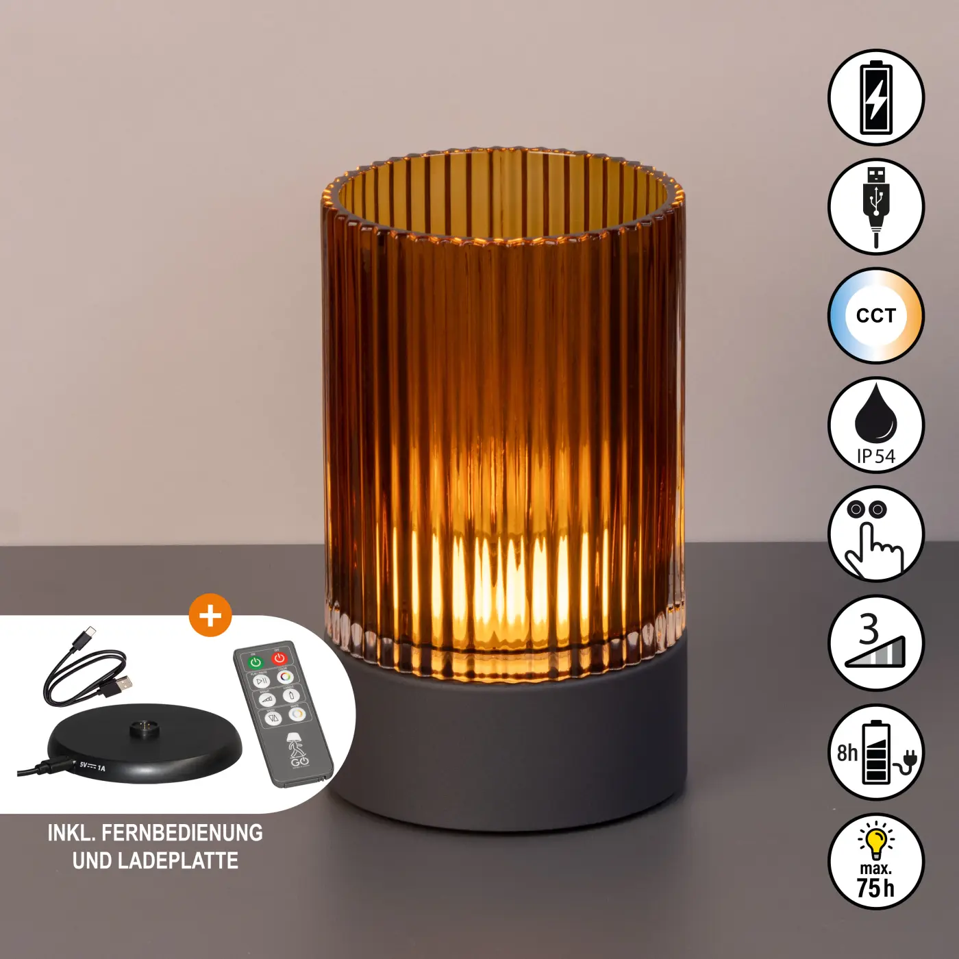 LED-Tischleuchte 23761.1. Sandgrau/Cognac Glas/Kunststoff ca. 12x20cm