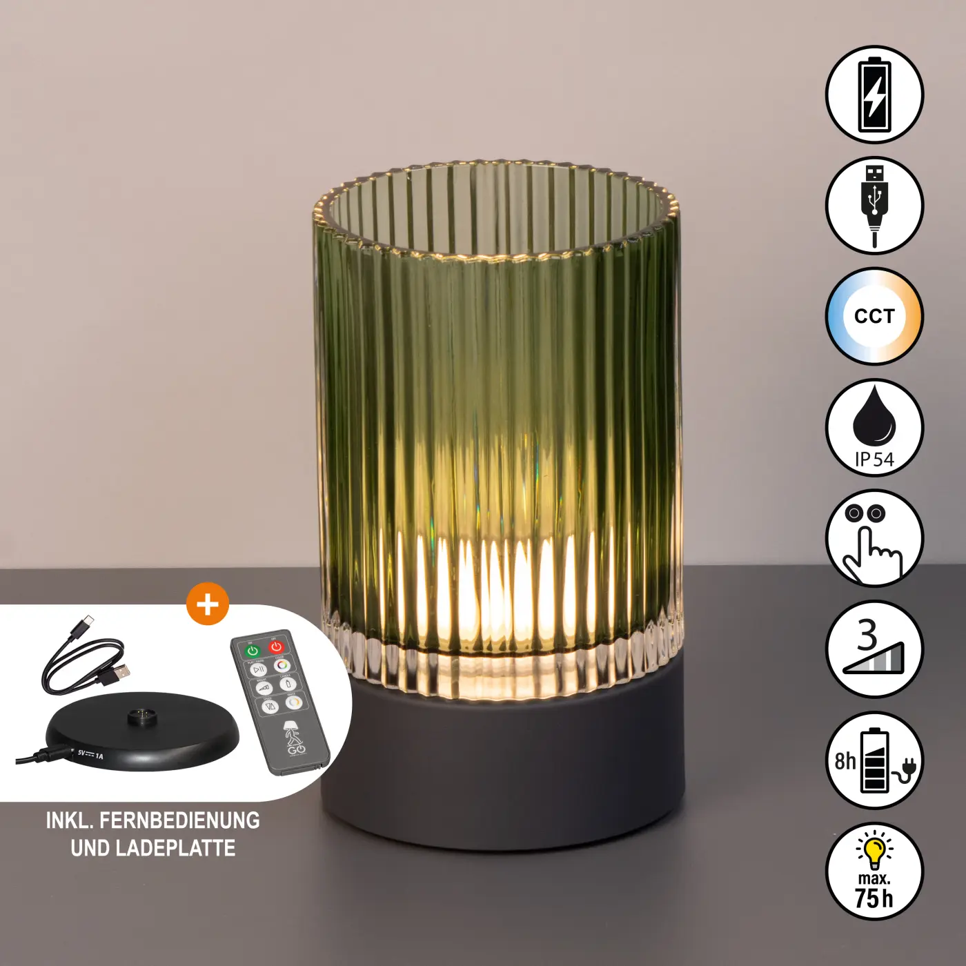 LED-Tischleuchte 23761.3. Sandgrau/Selbei Glas/Kunststoff ca. 12x20cm