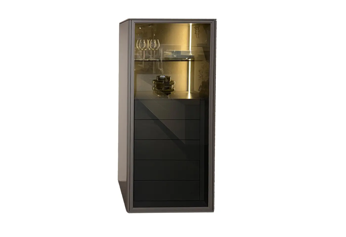 Vitrine WK 418 Zola Glattlack 411 onyxgrau, Parsolglas grau, Keramikrückwand Zement grau stumpf matt, Holzunterblatt Glattlack steingrau von WK-Wohnen ca. 65x165x45cm