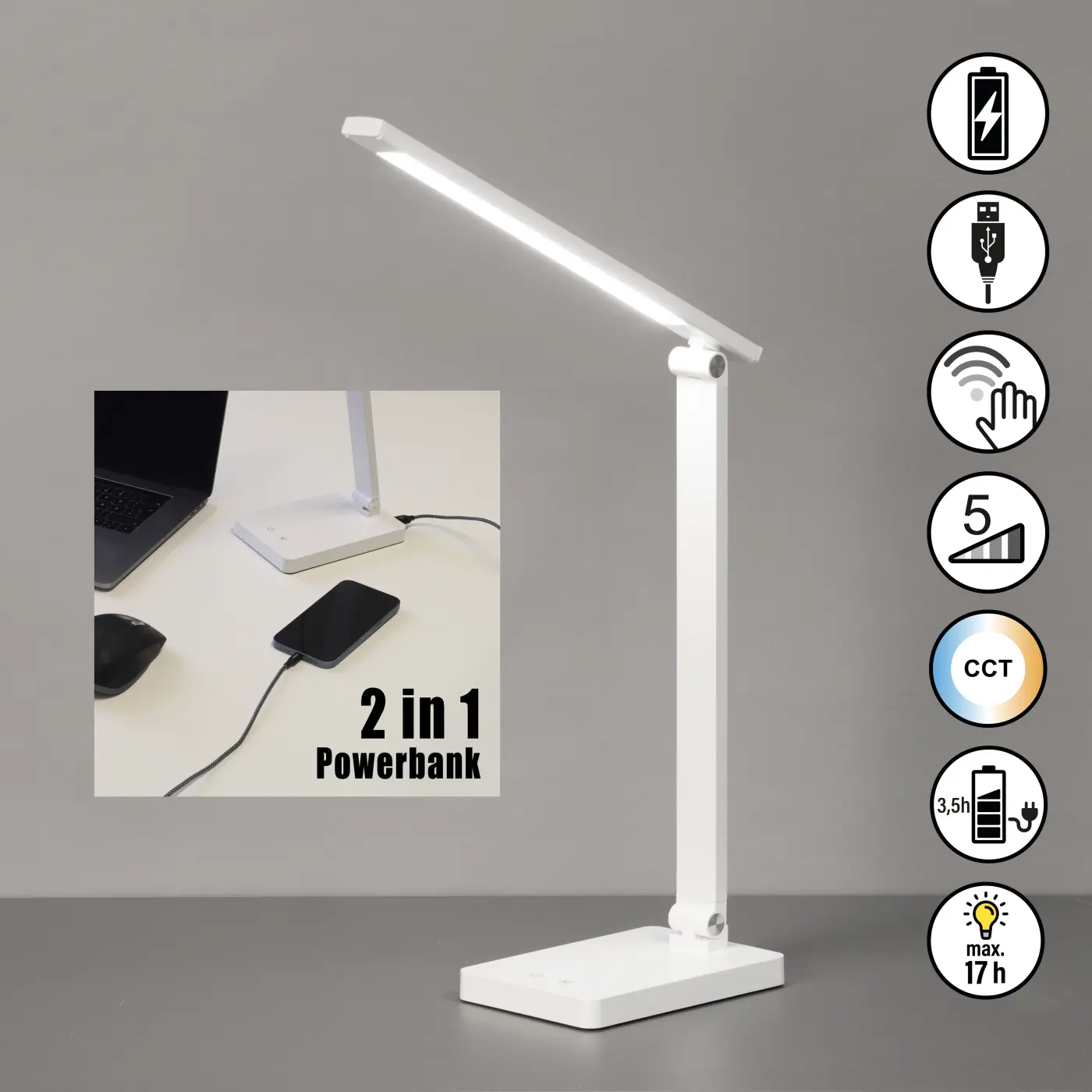 LED-Tischleuchte 23712.1. Weiss Kunststoff ca. 33x11,5x39,5cm