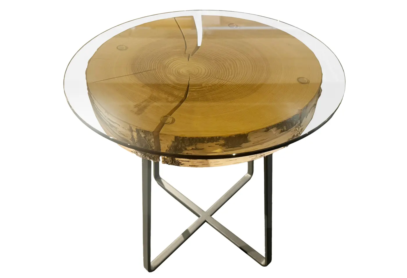 Beistelltisch Neftenbach Glas, Hirnholzscheibe, Birkenrindenapplikation ca. 52x53x52cm