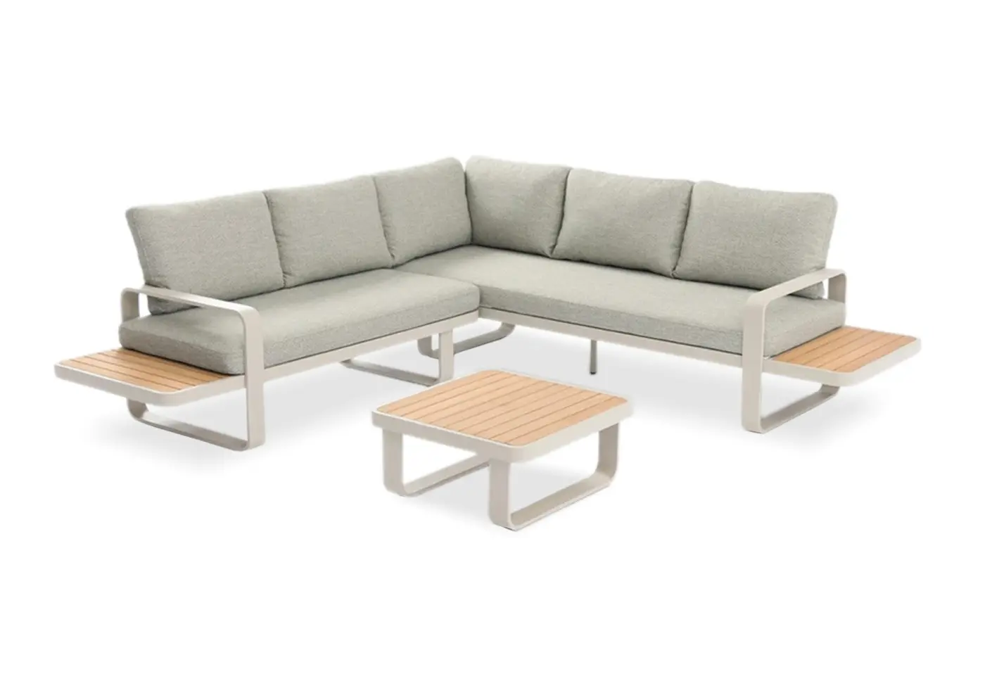 Lounge 24884.. Light taupe Kissen Stoff cashmir Tischplatte und Einleger Teak ca. 245x245x75cm
