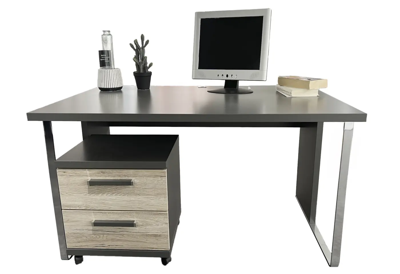 Schreibtisch mit Rollcontainer Niva Graphit matt, Hochglanz weiss, Dekor-Druck Eiche Sanremo hell ca. 130x80x75cm