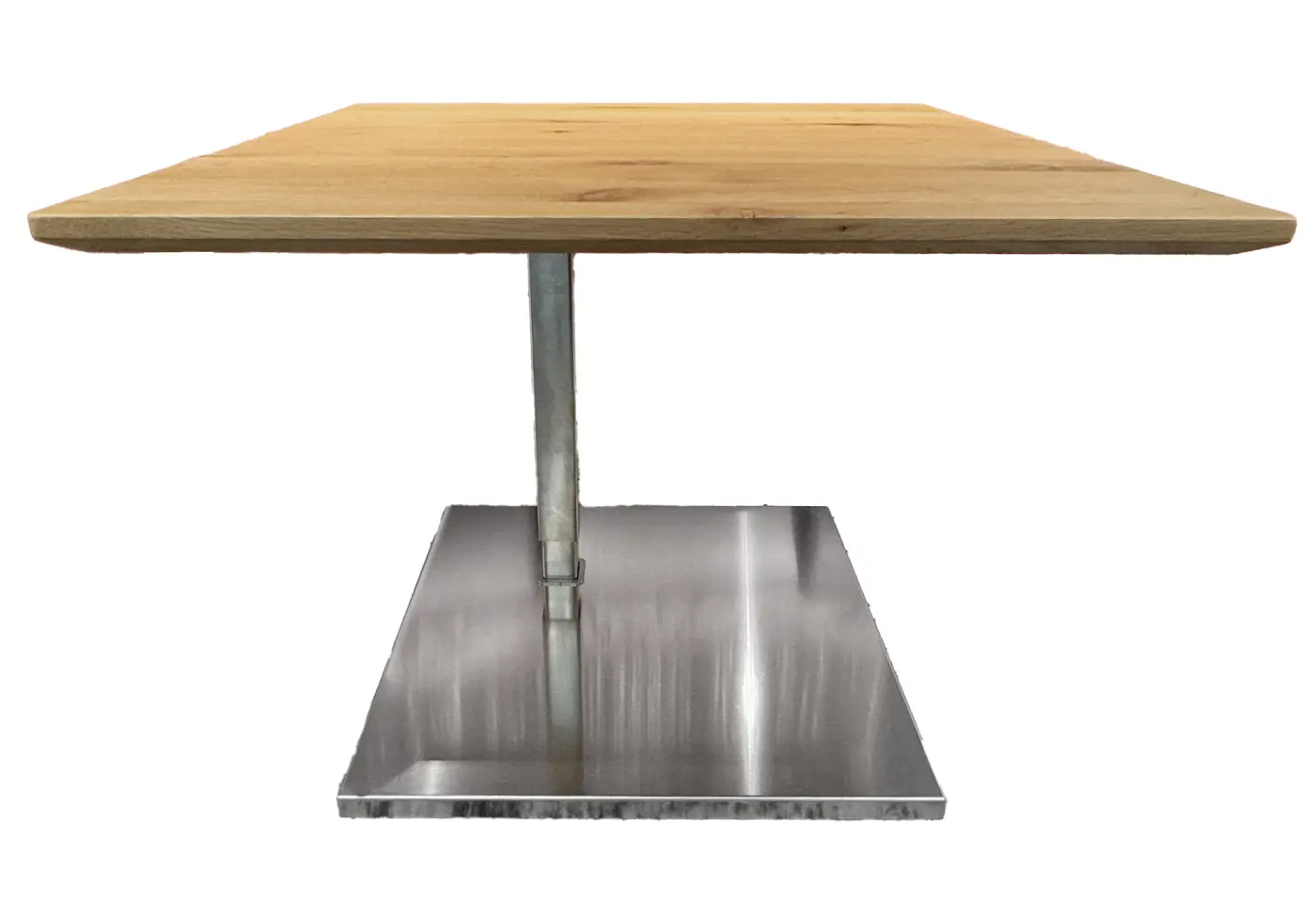 Beistelltisch 15835 höhenverstellbar und rollbar Platte Wildeiche natur lackiert massiv Metallteile Edelstahloptik Bodenplatte Edelstahl geschliffen ca. 60x48cm
