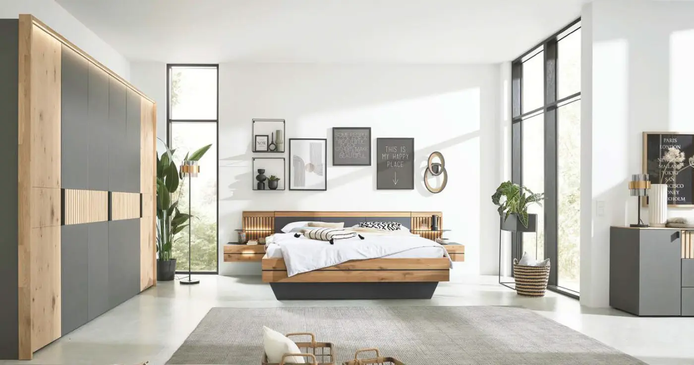 Doppelschlafzimmer 1029 Lack graphit von Interliving WIldeiche massiv ca. 249,2x180x200x222,3x62cm