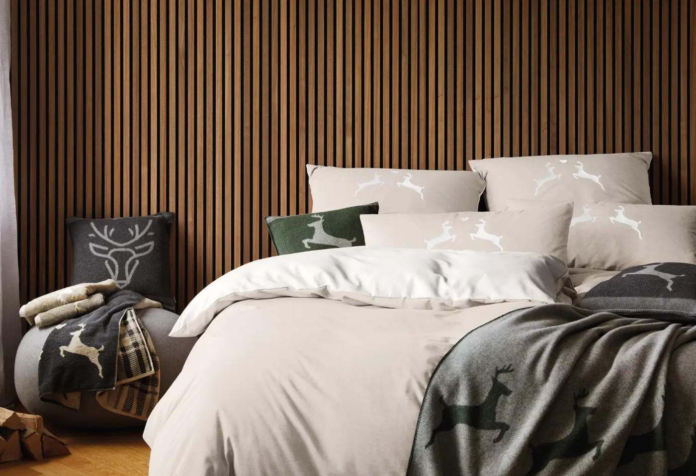 Bettw.-Garnitur 50x70/160x210 Alpenchic Hirsche, 50x70/160x210 granitgrau und grün Baumwolle ca. 210x160cm